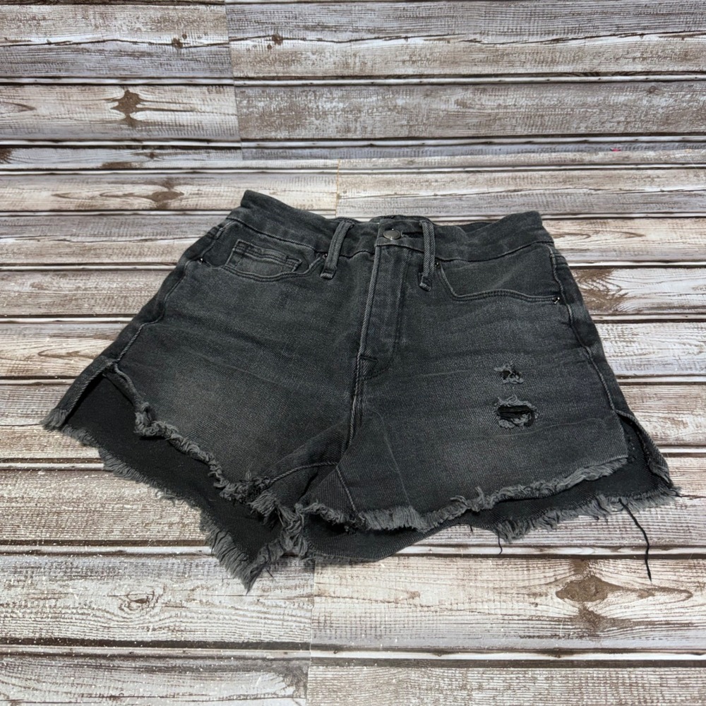 Good American Denim Shorts Womens 00/24 Black Distressed Raw Hem High Rise
